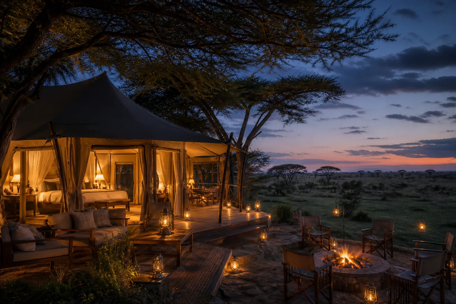 Luxury safari camp at dusk